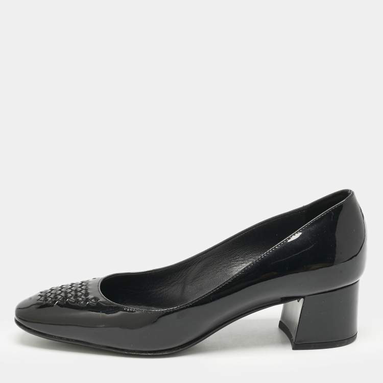 Pre Owned Bottega Veneta Black Intrecciato Patent Leather Block Heel Pumps Size 36.5
