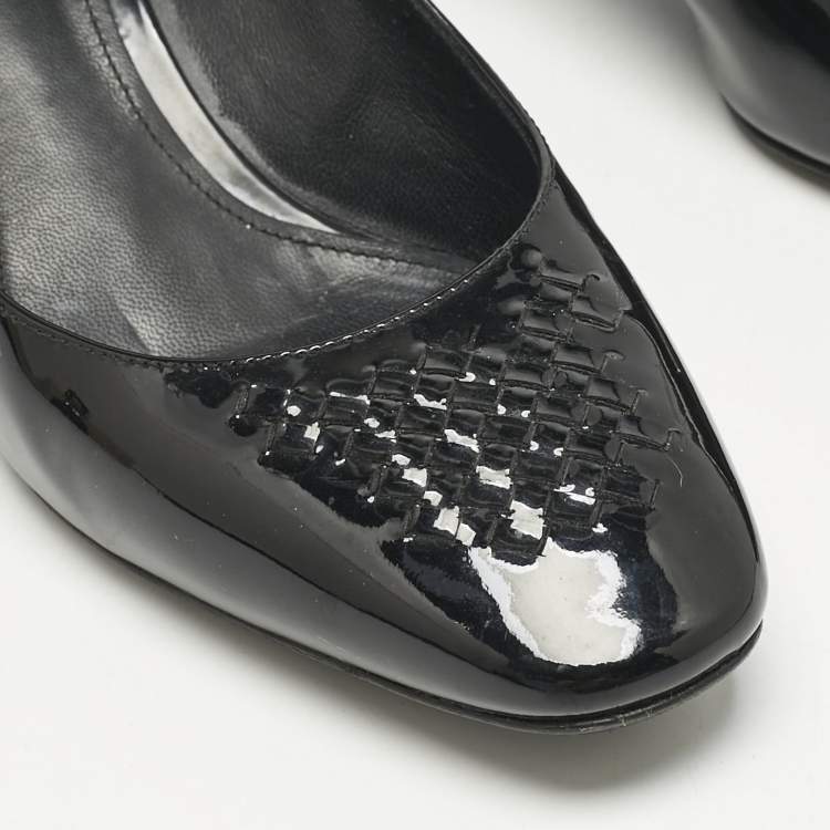 Pre Owned Bottega Veneta Black Intrecciato Patent Leather Block Heel Pumps Size 36.5