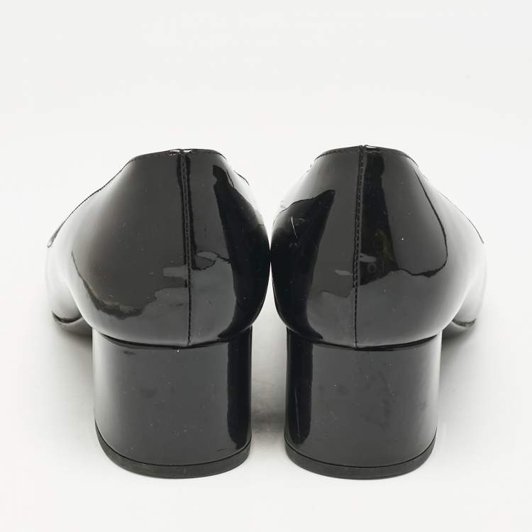 Pre Owned Bottega Veneta Black Intrecciato Patent Leather Block Heel Pumps Size 36.5