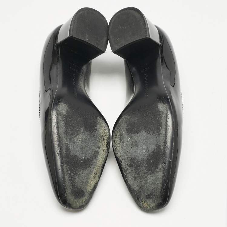 Pre Owned Bottega Veneta Black Intrecciato Patent Leather Block Heel Pumps Size 36.5