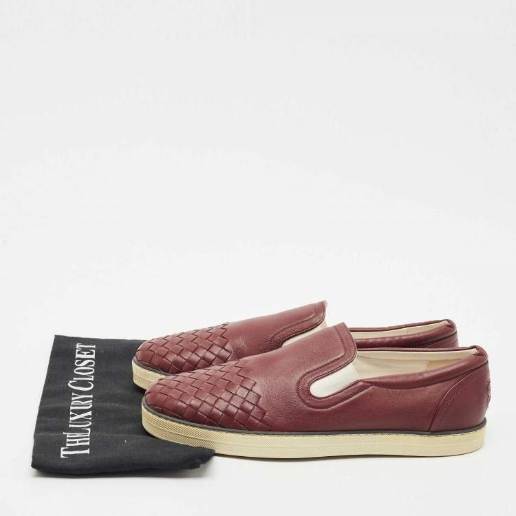 Pre Owned Bottega Veneta Burgundy Intrecciato Leather Dodger Slip On Sneakers Size 40