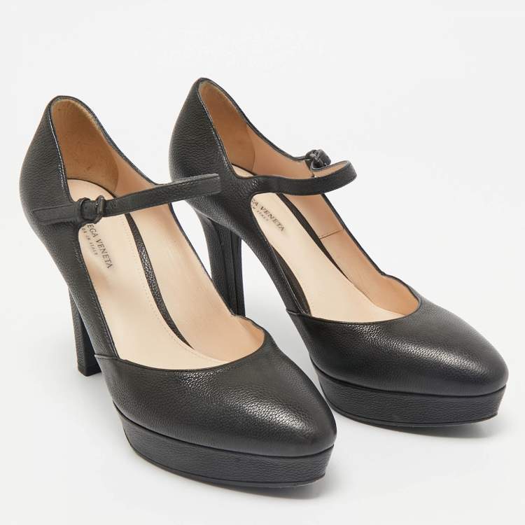 Pre Owned Bottega Veneta Black Leather Mary Jane Platform Pumps Size 36.5