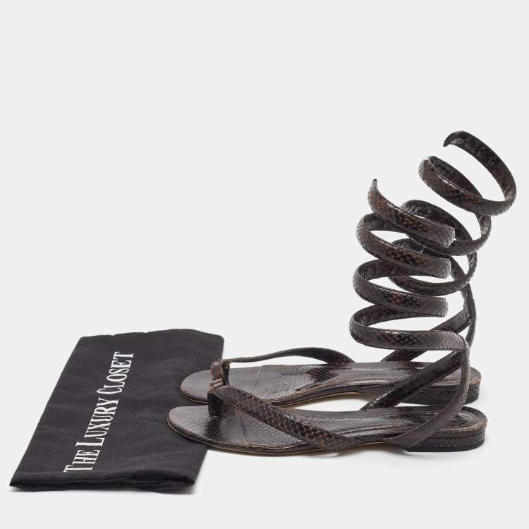 Pre Owned Bottega Veneta Dark Brown Python Embossed Leather BV Spiral Ankle Wrap Flats Size 40