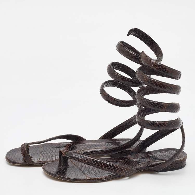 Pre Owned Bottega Veneta Dark Brown Python Embossed Leather BV Spiral Ankle Wrap Flats Size 40