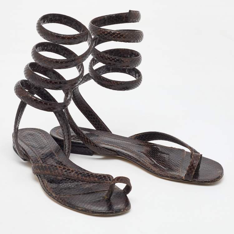Pre Owned Bottega Veneta Dark Brown Python Embossed Leather BV Spiral Ankle Wrap Flats Size 40