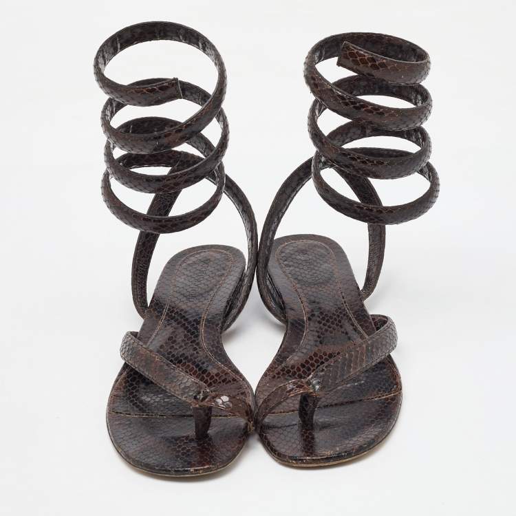 Pre Owned Bottega Veneta Dark Brown Python Embossed Leather BV Spiral Ankle Wrap Flats Size 40