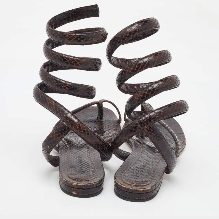 Pre Owned Bottega Veneta Dark Brown Python Embossed Leather BV Spiral Ankle Wrap Flats Size 40