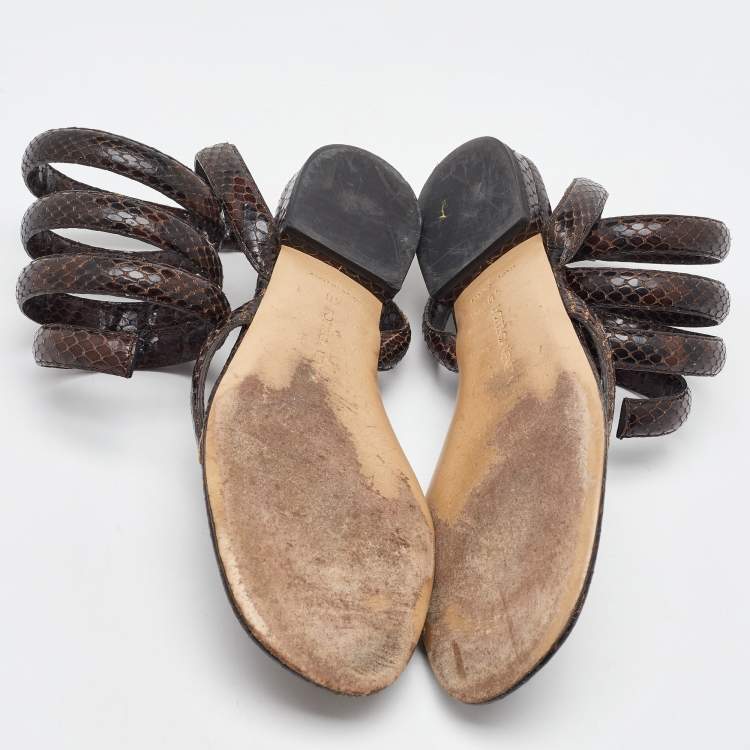 Pre Owned Bottega Veneta Dark Brown Python Embossed Leather BV Spiral Ankle Wrap Flats Size 40