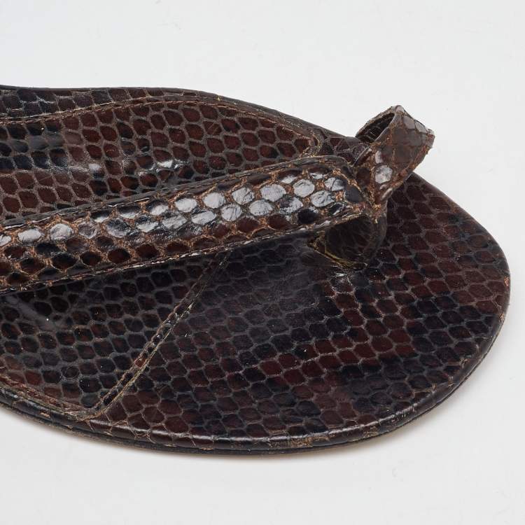 Pre Owned Bottega Veneta Dark Brown Python Embossed Leather BV Spiral Ankle Wrap Flats Size 40