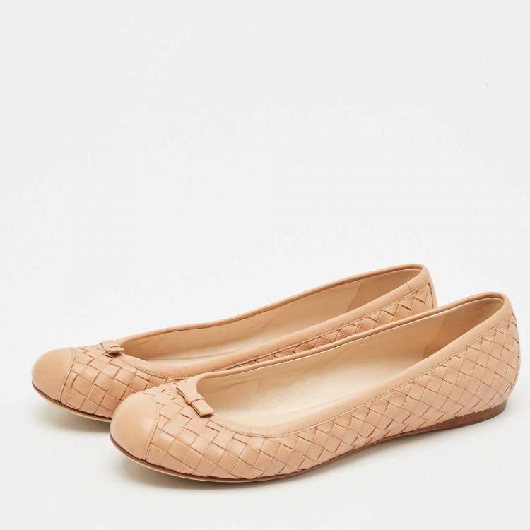 Pre Owned Bottega Veneta Beige Intrecciato Leather Ballet Flats Size 39.5