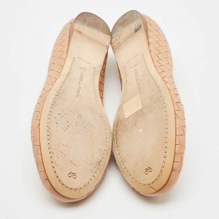 Pre Owned Bottega Veneta Beige Intrecciato Leather Ballet Flats Size 39.5