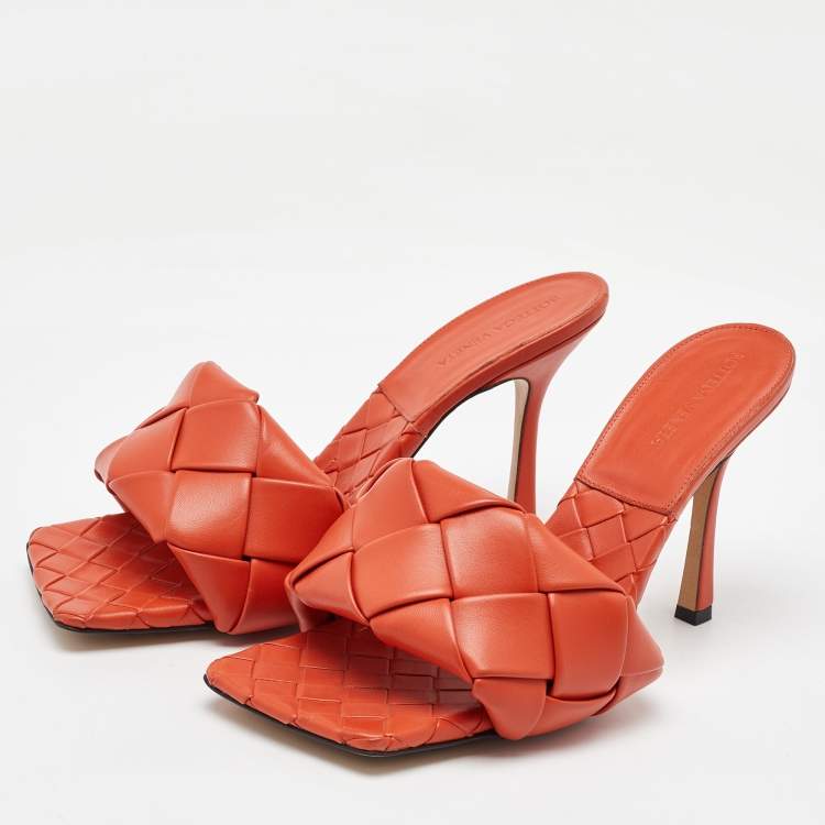 Pre Owned Bottega Veneta Orange Intrecciato Leather Lido Slide Sandals Size 41