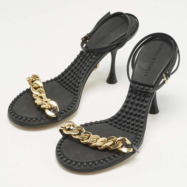 Pre Owned Bottega Veneta Black Leather Dot Ankle Strap Sandals Size 36.5