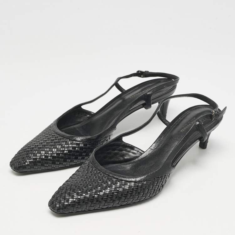 Pre Owned Bottega Veneta Black Intrecciato Leather Slingback Pumps Size 40