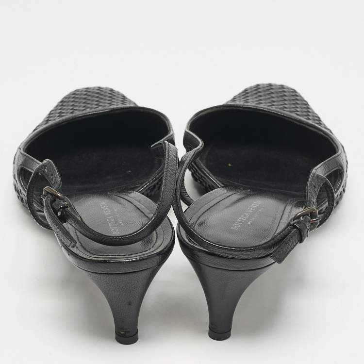 Pre Owned Bottega Veneta Black Intrecciato Leather Slingback Pumps Size 40