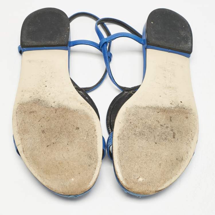 Pre Owned Bottega Veneta Blue Leather Ankle Strap Flat Sandals Size 39