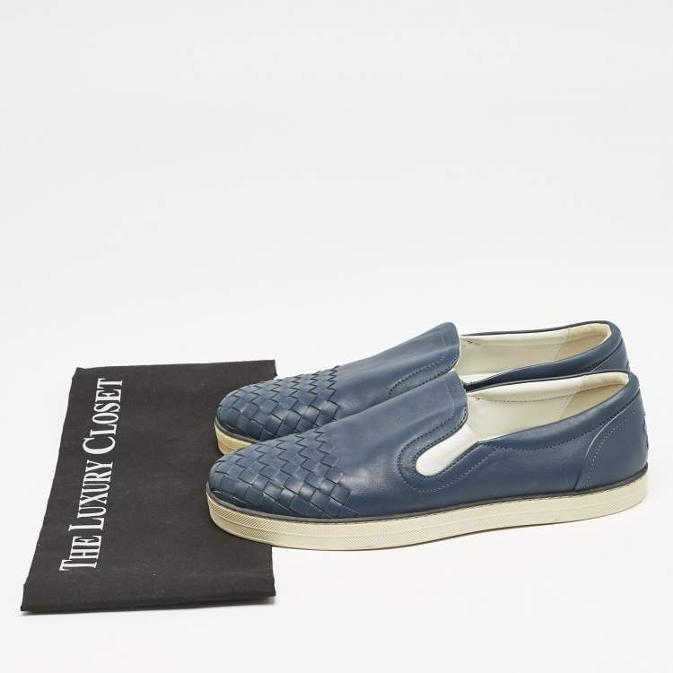 Pre Owned Bottega Veneta Blue Intrecciato Leather Dodger Slip On Sneakers Size 40