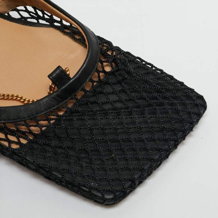 Pre Owned Bottega Veneta Black Leather and Mesh Stretch Ankle Strap Pumps Size 38