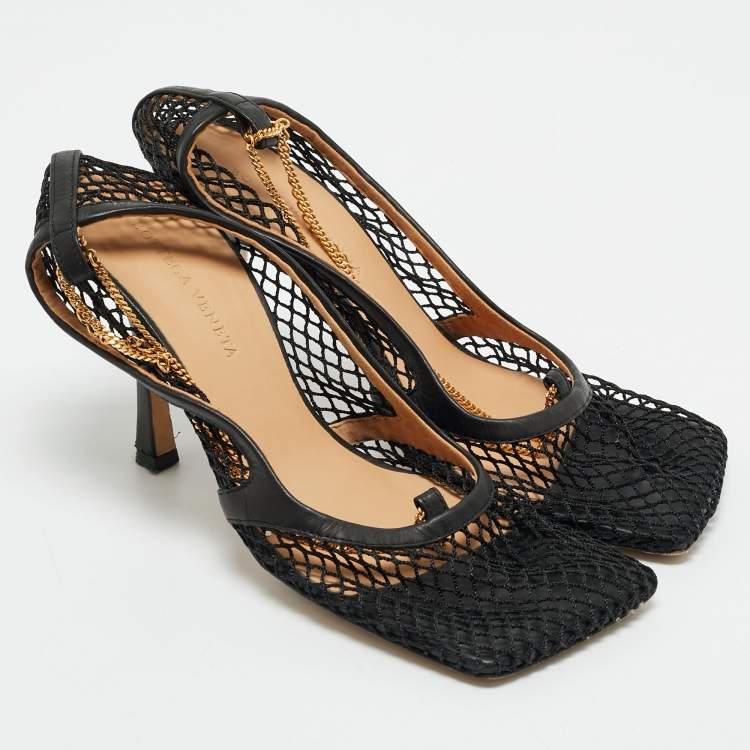 Pre Owned Bottega Veneta Black Leather and Mesh Stretch Ankle Strap Pumps Size 38