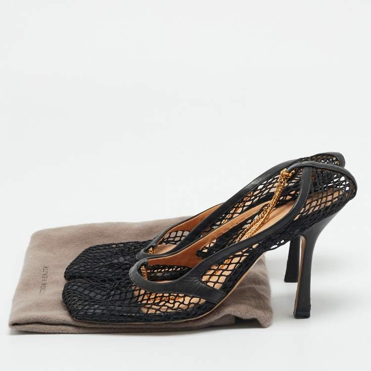 Pre Owned Bottega Veneta Black Leather and Mesh Stretch Ankle Strap Pumps Size 38