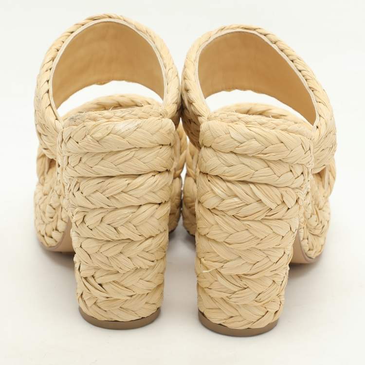 Pre Owned Bottega Veneta Beige Raffia Platform Slide Sandals Size 38