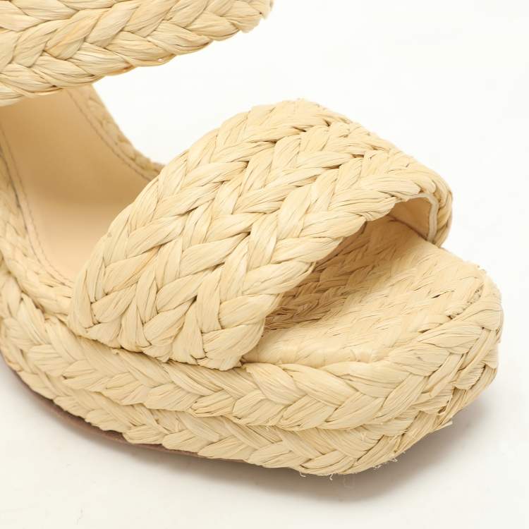 Pre Owned Bottega Veneta Beige Raffia Platform Slide Sandals Size 38