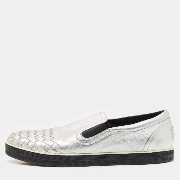 Pre Owned Bottega Veneta Silver Intrecciato Leather Dodger Slip On Sneakers Size 40