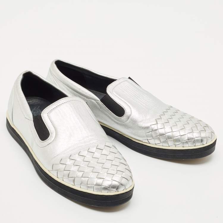 Pre Owned Bottega Veneta Silver Intrecciato Leather Dodger Slip On Sneakers Size 40