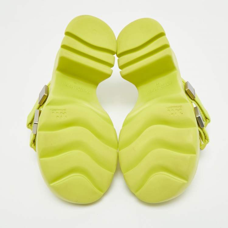 Pre Owned Bottega Veneta Neon Yellow Nylon and Leather Flash Platform Slide Sandals Size 39