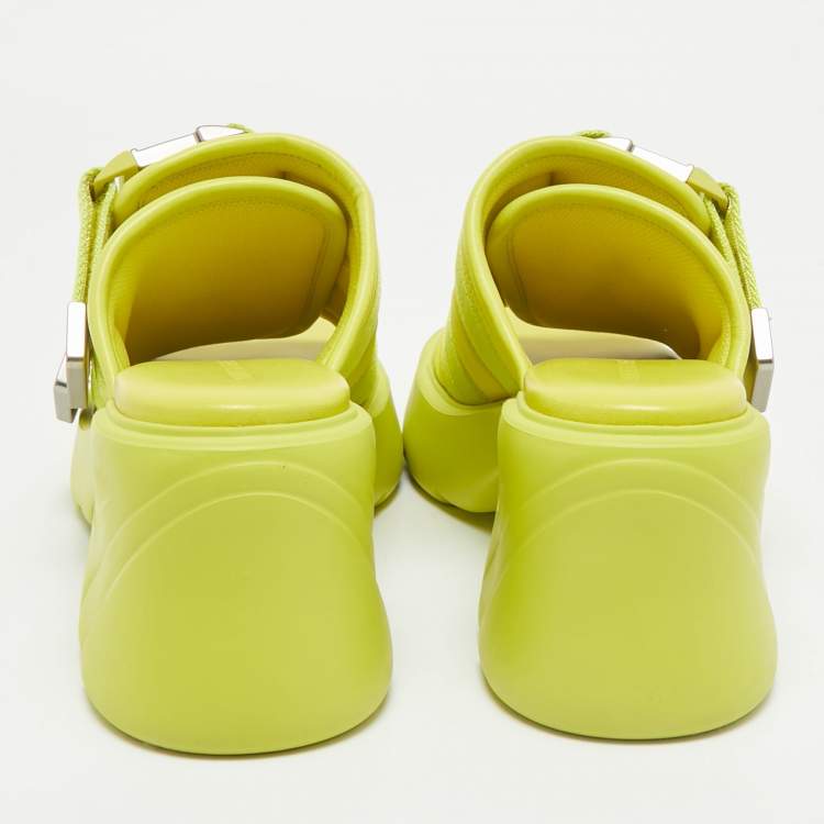 Pre Owned Bottega Veneta Neon Yellow Nylon and Leather Flash Platform Slide Sandals Size 39