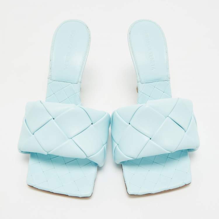 Pre Owned Bottega Veneta Blue Woven Leather Lido Slides Size 37
