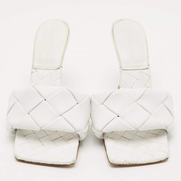 Pre Owned Bottega Veneta White Intrecciato Leather Lido Slide Sandals Size 39