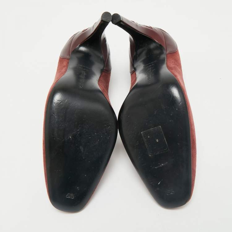Pre Owned Bottega Veneta Burgundy Intrecciato Leather And Suede Round Toe Pumps Size 37