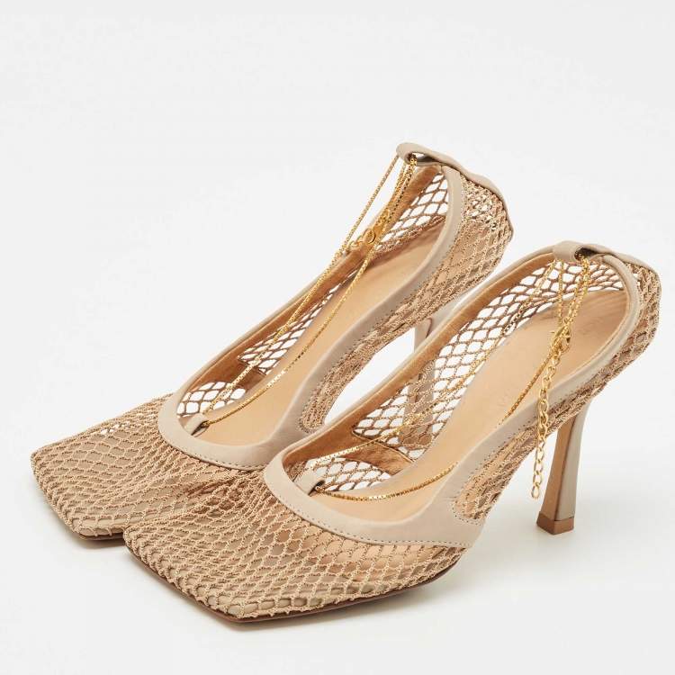 Pre Owned Bottega Veneta Beige Leather and Mesh Strech Pumps Size 35