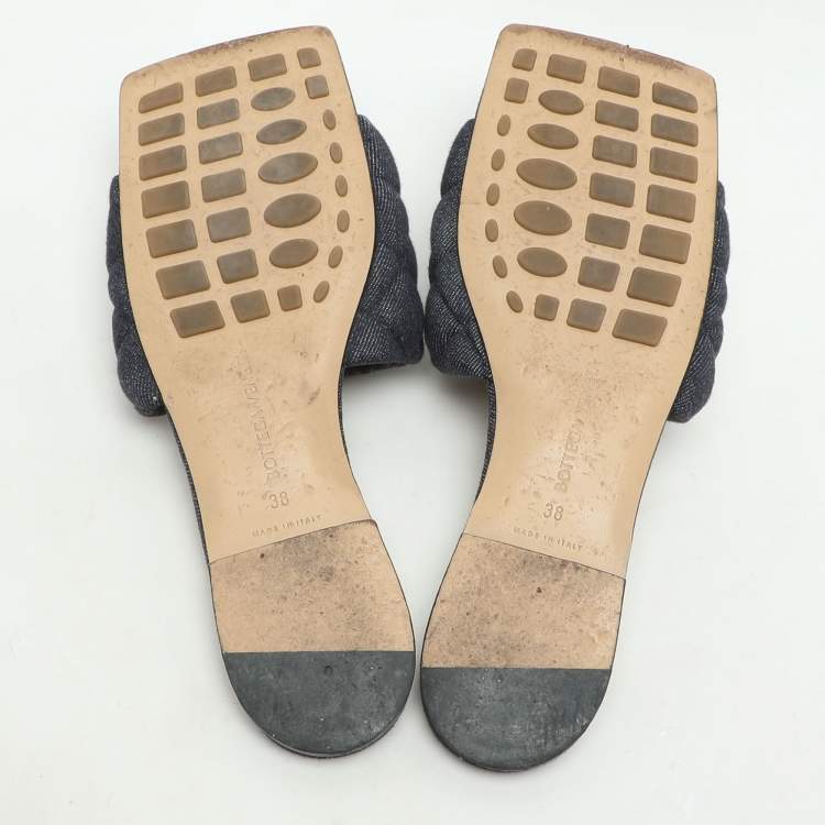 Pre Owned Bottega Veneta Navy Blue Quilted Denim Padded Slide Flats Size 38