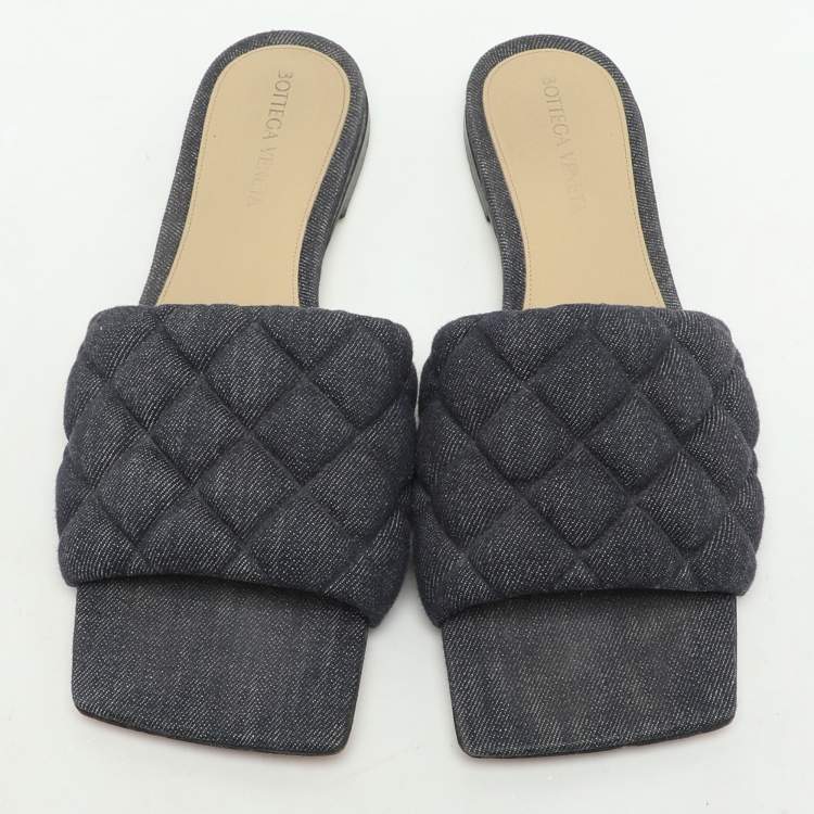 Pre Owned Bottega Veneta Navy Blue Quilted Denim Padded Slide Flats Size 38