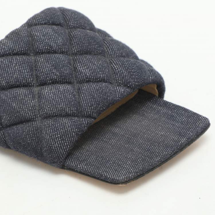 Pre Owned Bottega Veneta Navy Blue Quilted Denim Padded Slide Flats Size 38