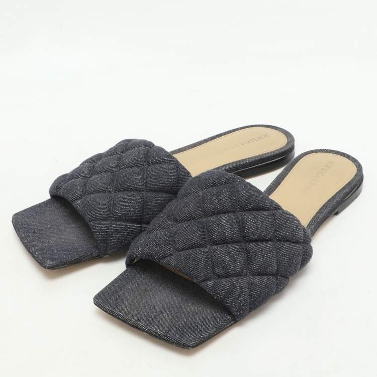 Pre Owned Bottega Veneta Navy Blue Quilted Denim Padded Slide Flats Size 38