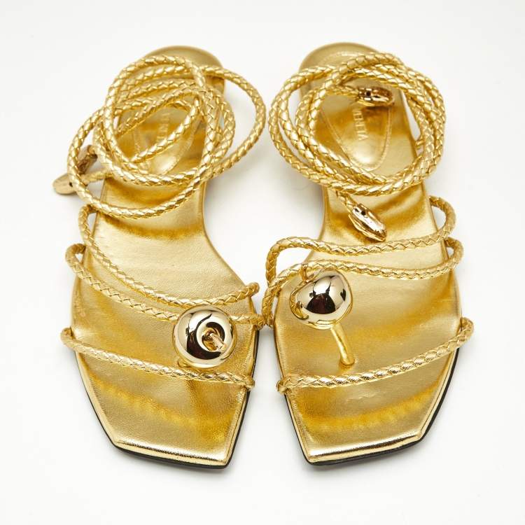 Pre Owned Bottega Veneta Gold Leather Ankle Wrap Flat Sandals Size 41