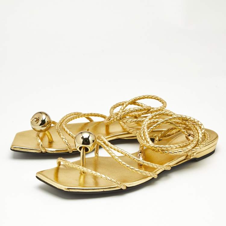 Pre Owned Bottega Veneta Gold Leather Ankle Wrap Flat Sandals Size 41