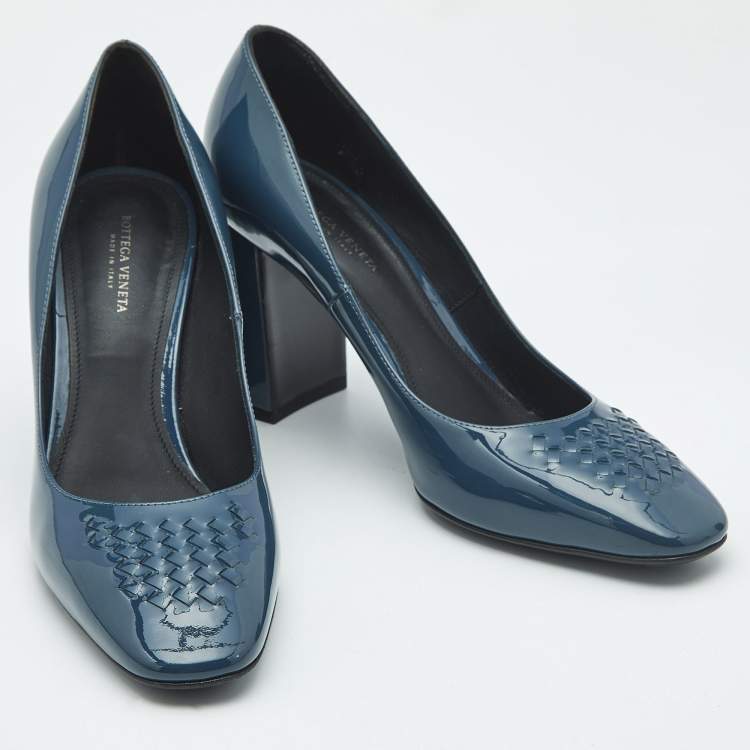 Pre Owned Bottega Veneta Blue Intrecciato Patent Leather Block Heel Pumps Size 36.5