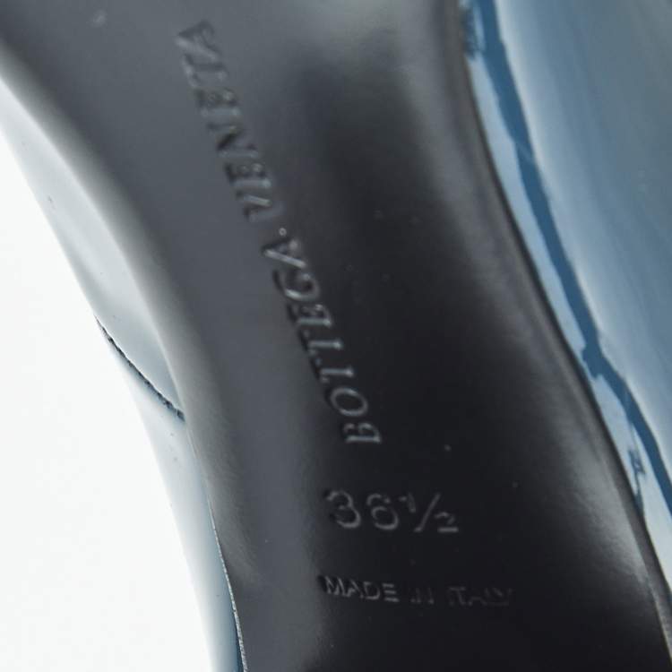 Pre Owned Bottega Veneta Blue Intrecciato Patent Leather Block Heel Pumps Size 36.5