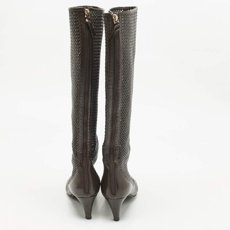 Pre Owned Bottega Veneta Dark Brown Woven Leather Zipped Knee Length Boots Size 39.5