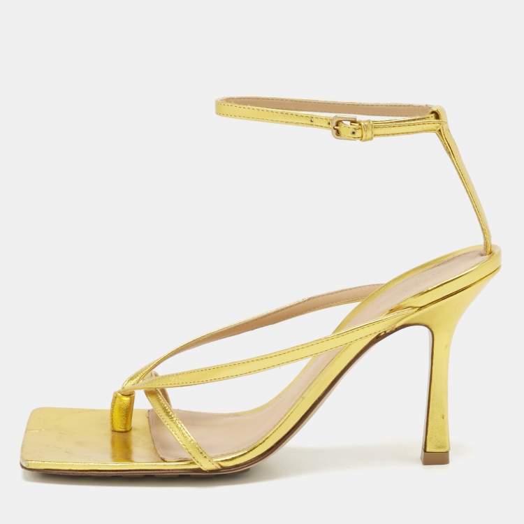 Pre Owned Bottega Veneta Gold Leather Stretch Ankle Strap Sandals Size 37.5