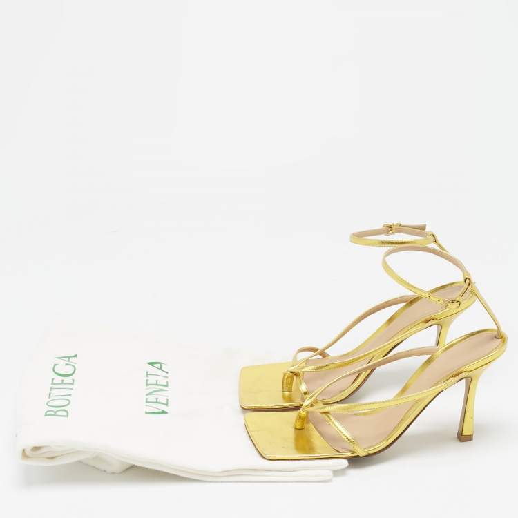 Pre Owned Bottega Veneta Gold Leather Stretch Ankle Strap Sandals Size 37.5