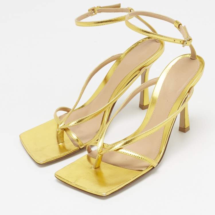 Pre Owned Bottega Veneta Gold Leather Stretch Ankle Strap Sandals Size 37.5