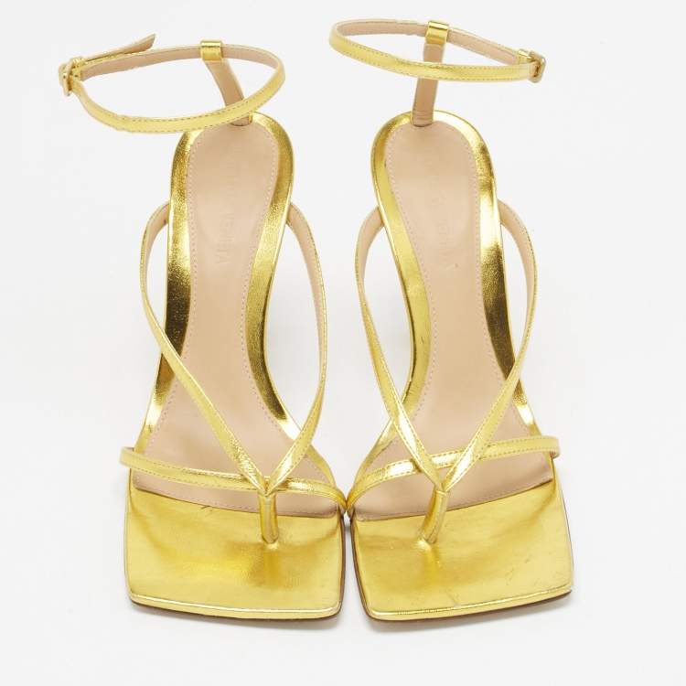 Pre Owned Bottega Veneta Gold Leather Stretch Ankle Strap Sandals Size 37.5