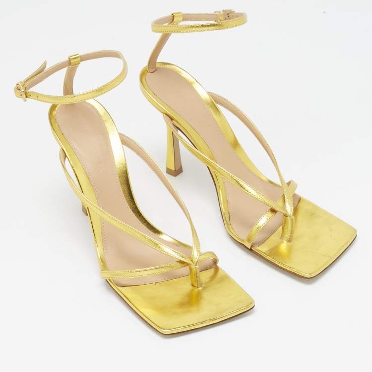 Pre Owned Bottega Veneta Gold Leather Stretch Ankle Strap Sandals Size 37.5