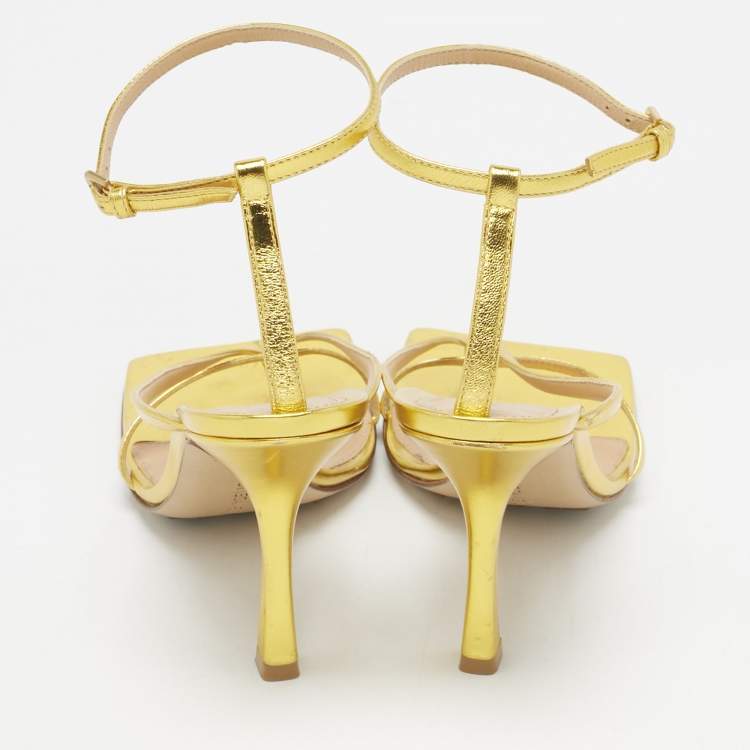 Pre Owned Bottega Veneta Gold Leather Stretch Ankle Strap Sandals Size 37.5