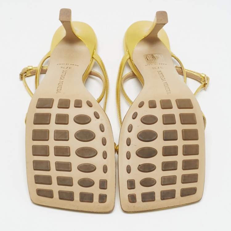 Pre Owned Bottega Veneta Gold Leather Stretch Ankle Strap Sandals Size 37.5